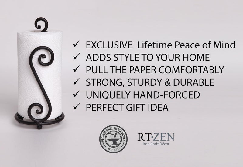 RTZEN Matte Black Paper Towel Holder Countertop - Decorative Farmhouse Paper Towel Roll Holder - Rustic Metal Modern Stand for Kitchen or Bathroom (Swirl) - Image 2